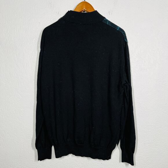 Vintage 80s Torras Leather Accent Argyle Sweater Mock Neck Side Button - 42 - Picture 8 of 10